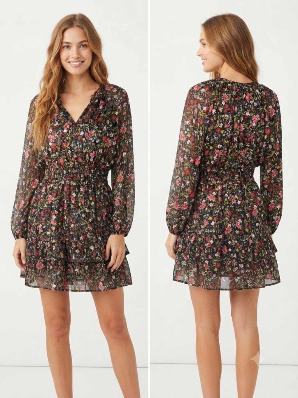Old Navy Floral Metallic Shimmer Tiered Mini Dress - Pockets - Size M
